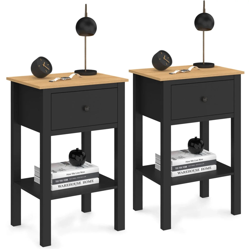 IDMarket - Set di 2 comodini ACHILLE, 1 cassetto e 1 ripiano in legno e nero