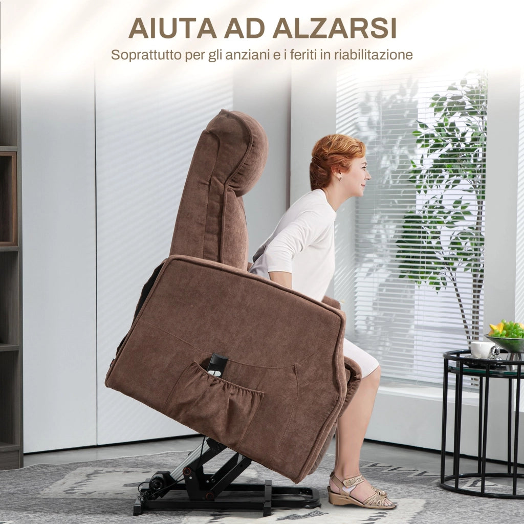Poltrona Relax Alzapersona 8 Punti Massaggio Reclinazione a 135° e 2 Telecomandi Marrone