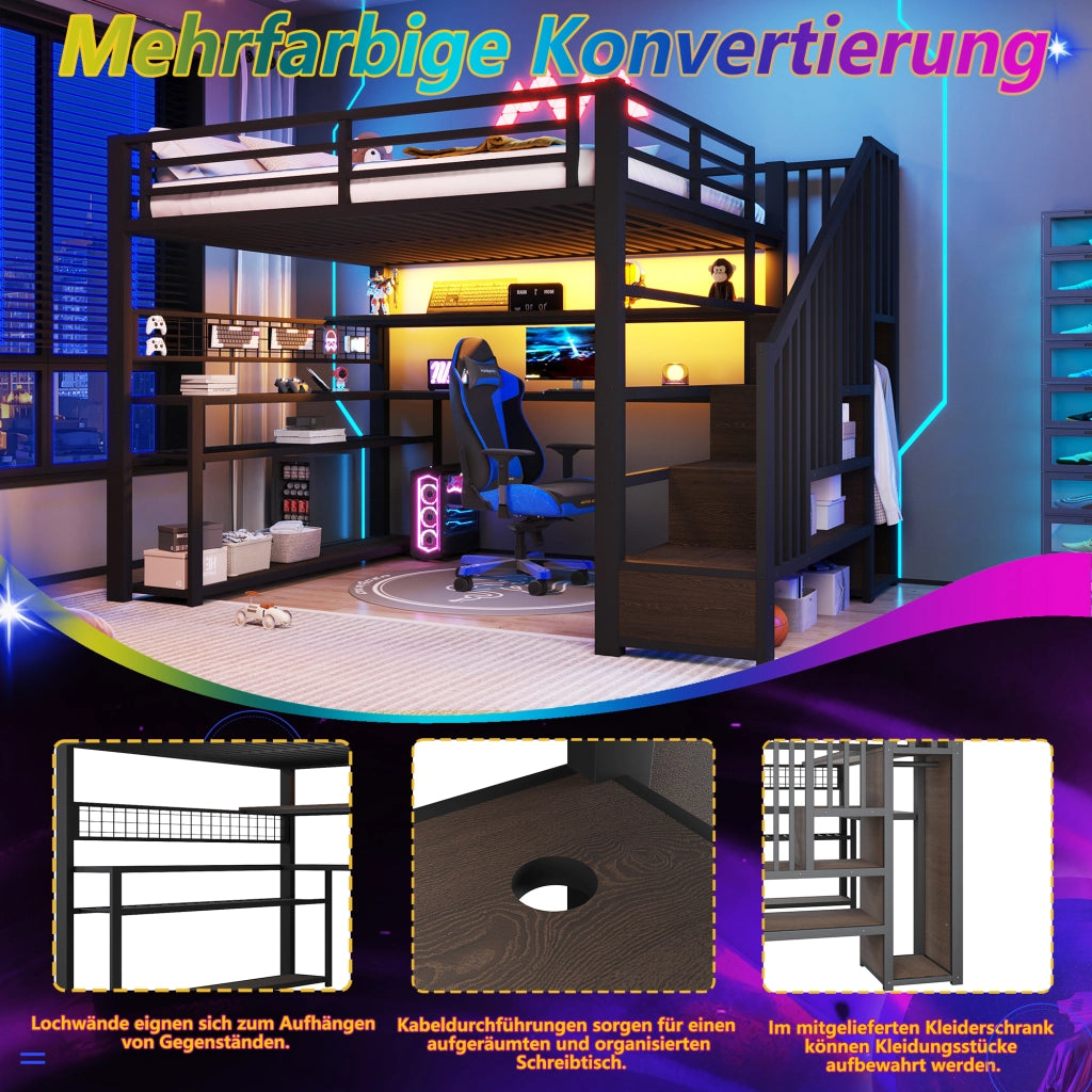 DESMIU Letto a soppalco 140 × 200 cm 1 posto con scrivania, armadio, LED, spazio contenitore, senza materasso, nero