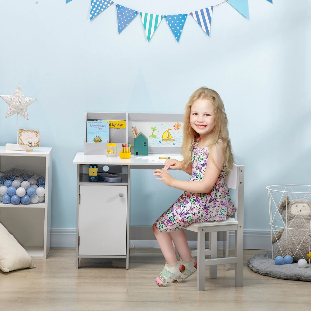 Set Tavolo e Sedie per Bambini 5+ Anni in Legno con Banco Scuola e Sedia Bianco e Grigio