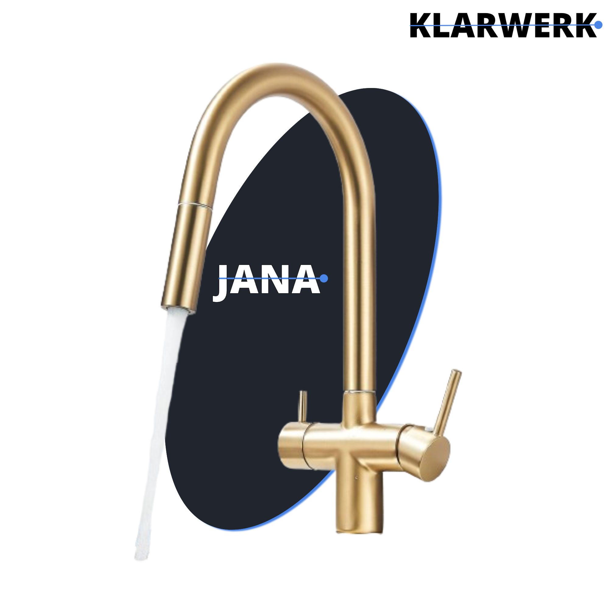 Jana | Rubinetto estensibile a 3 vie premium oro opaco | Rubinetto osmosi da cucina in acciaio inox |. Filtro 3 connessioni ad arco alto
