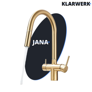 Jana | Rubinetto estensibile a 3 vie premium oro opaco | Rubinetto osmosi da cucina in acciaio inox |. Filtro 3 connessioni ad arco alto