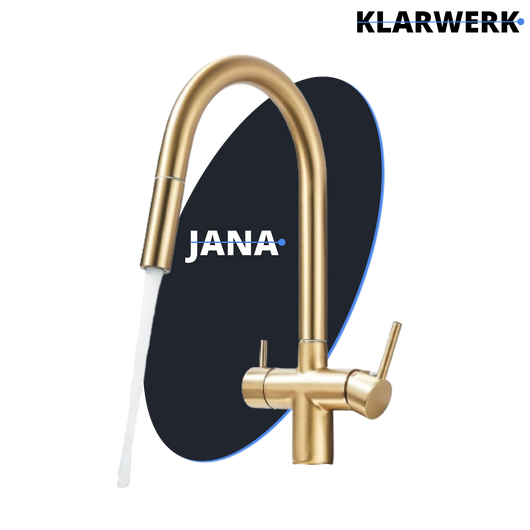 Jana | Rubinetto estensibile a 3 vie premium oro opaco | Rubinetto osmosi da cucina in acciaio inox |. Filtro 3 connessioni ad arco alto