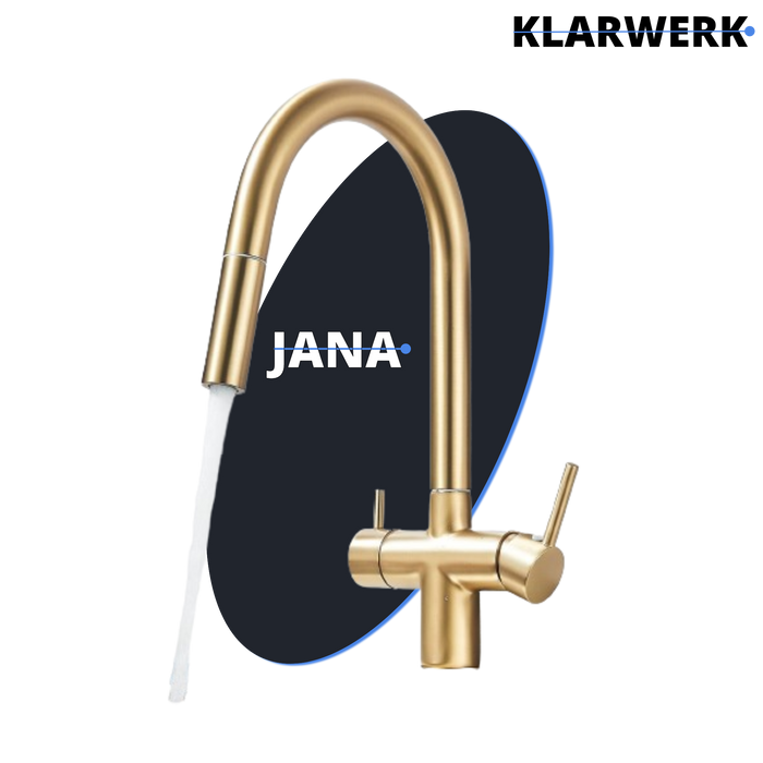 Jana | Rubinetto estensibile a 3 vie premium oro opaco | Rubinetto osmosi da cucina in acciaio inox |. Filtro 3 connessioni ad arco alto