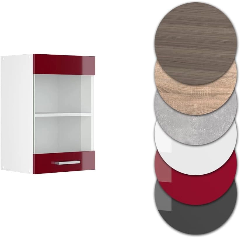 Mobile da cucina in vetro R-Line, Rosso lucido, 40 cm, per la libera combinazione all'interno di sistemi cucina modulari