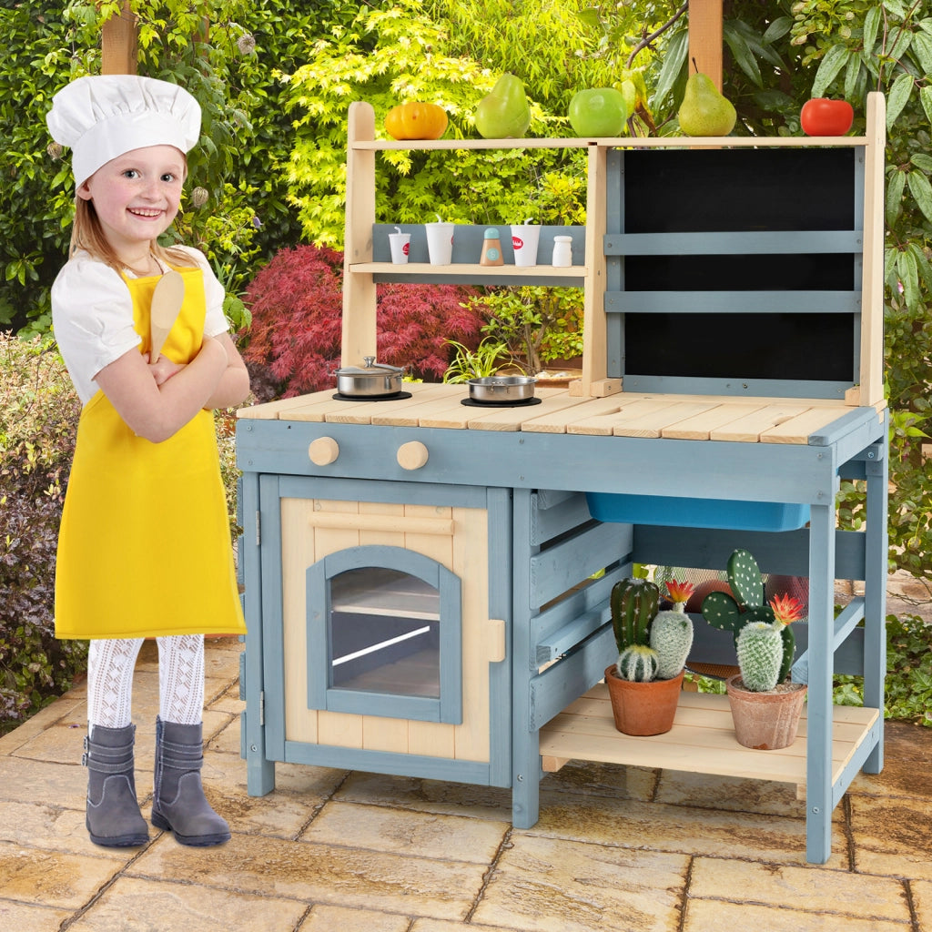 Cucina da gioco 2 in 1 per esterni con rubinetto lavandino rimovibile cesti metallici borsa riporre, Negozio alimentari lavagna set gioco fango per bambini 3-8 anni
