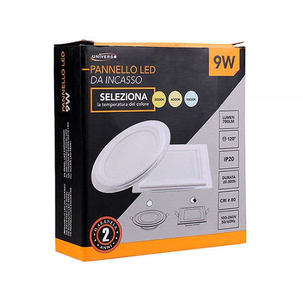 PANNELLO LED 9W QUADRATO BIANCO DA INCASSO PER CONTROSOFFITTI CCT SLIM VETRO E CON TRE OPZIONI DI TEMPERATURA COLORE