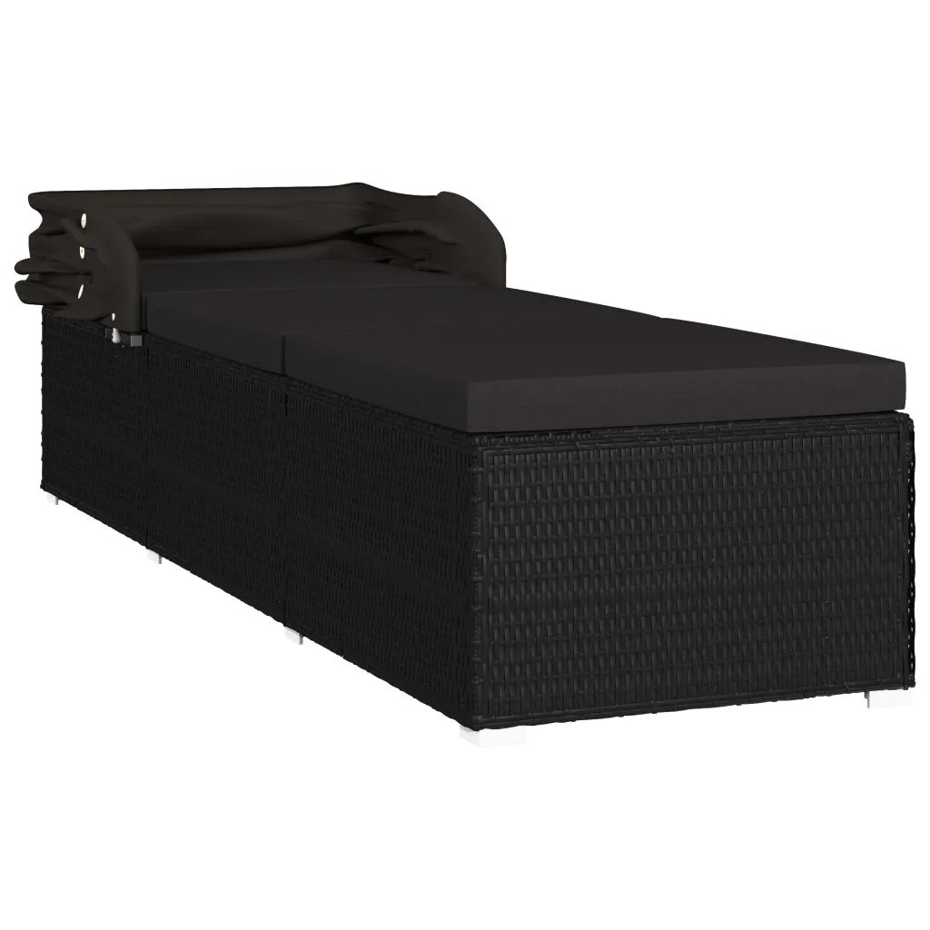 Lettino Prendisole con Tettuccio e Cuscino in Polyrattan Nero 46249