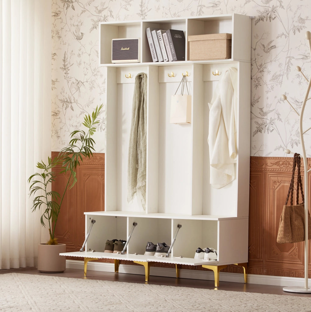 Appendiabiti multifunzione con panca e vani contenitore, bianco, 120 x 23,5 x 191,5 cm