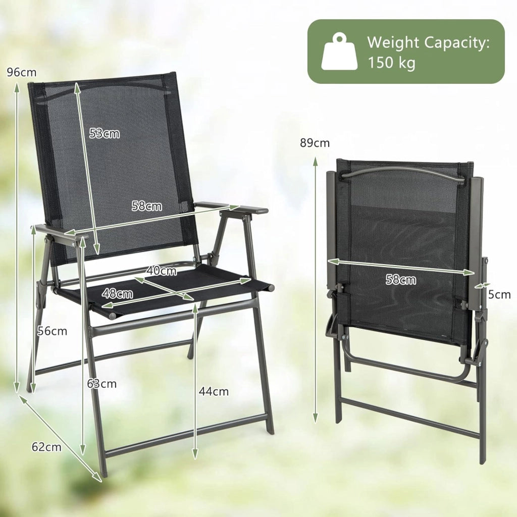 Set di 4 sedie da giardino pieghevoli, con schienale alto e bracciolo, in metallo e tessuto, portata fino a 150 kg (nero, 4)