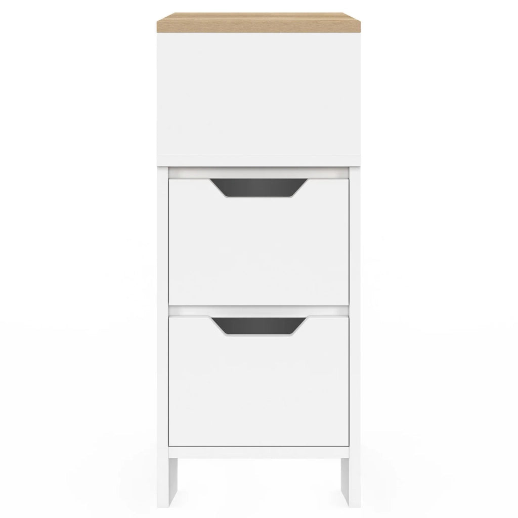 IDMarket - Set di 2 comodini stretti a 2 cassetti ANOUK con nicchia laterale reversibile in bianco e legno