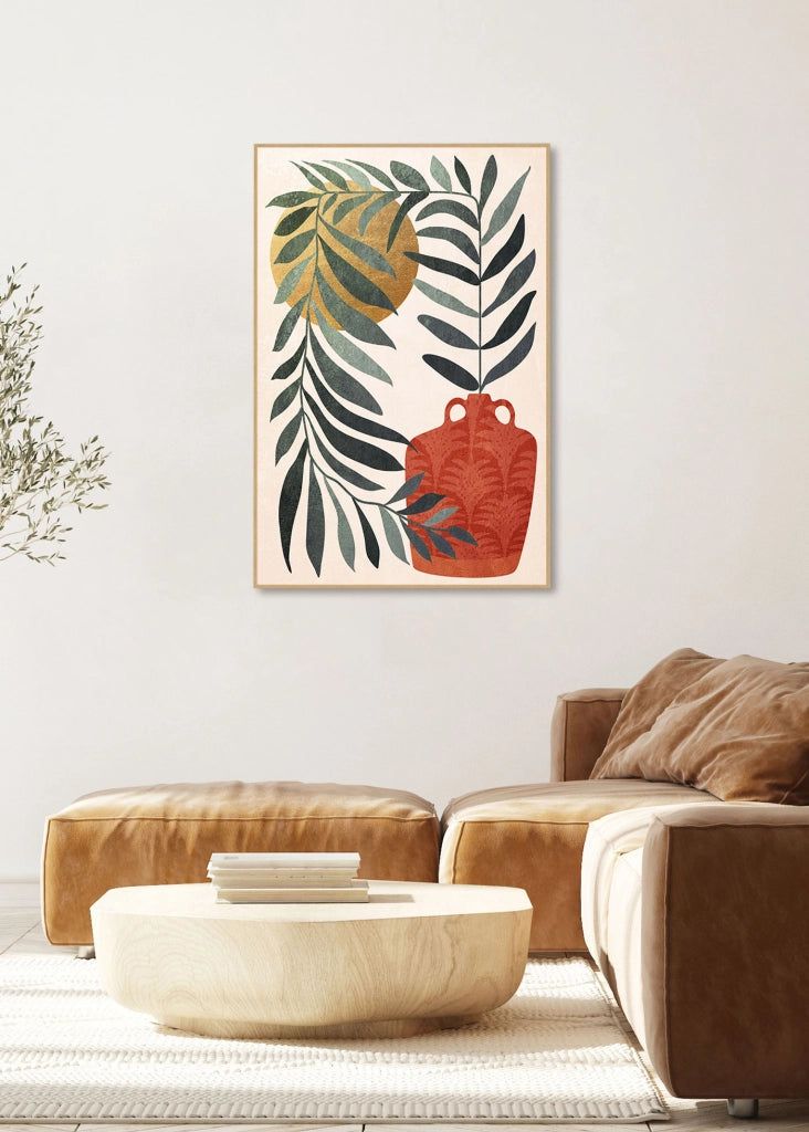 Quadro Hispanohogar in poliestere foglie e brocca verde terracotta e dorato 91x61cm