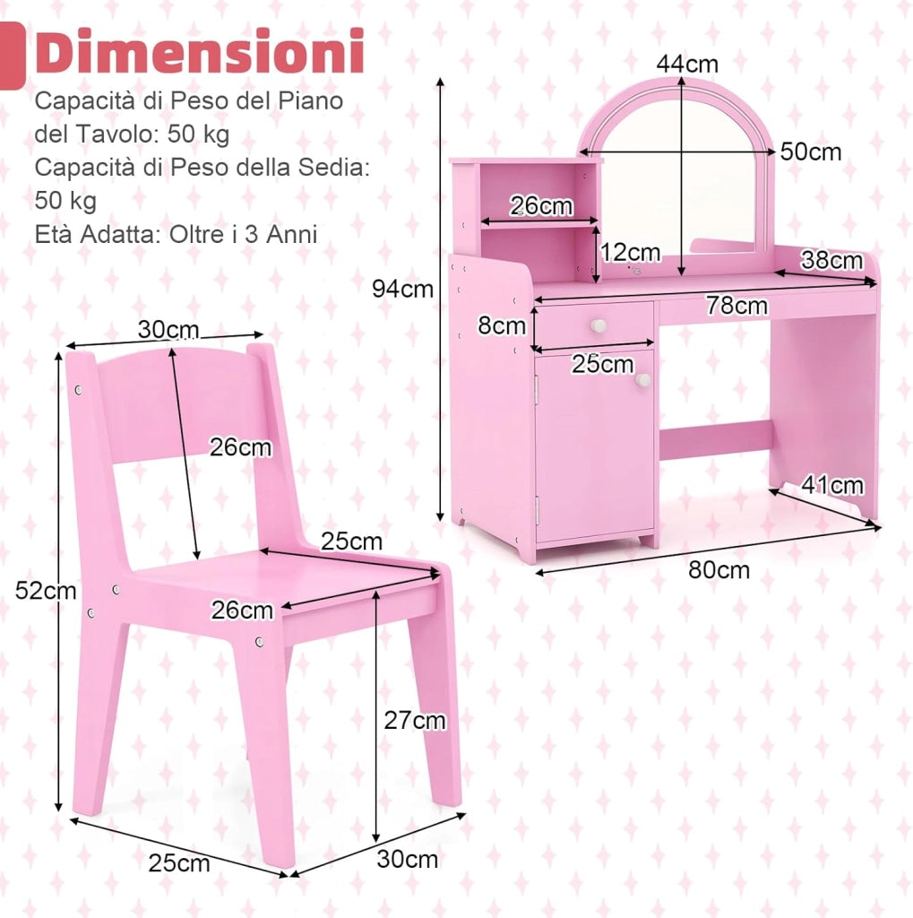 Toeletta Trucco 2 in 1 per Bambina, Specchiera per Ragazza in Legno con Mensole, Cassetto, Ripiani e Luci LED Regolabile, Postazione Trucco per 3 Anni, 80 x 40 x 94 cm (Rosa)