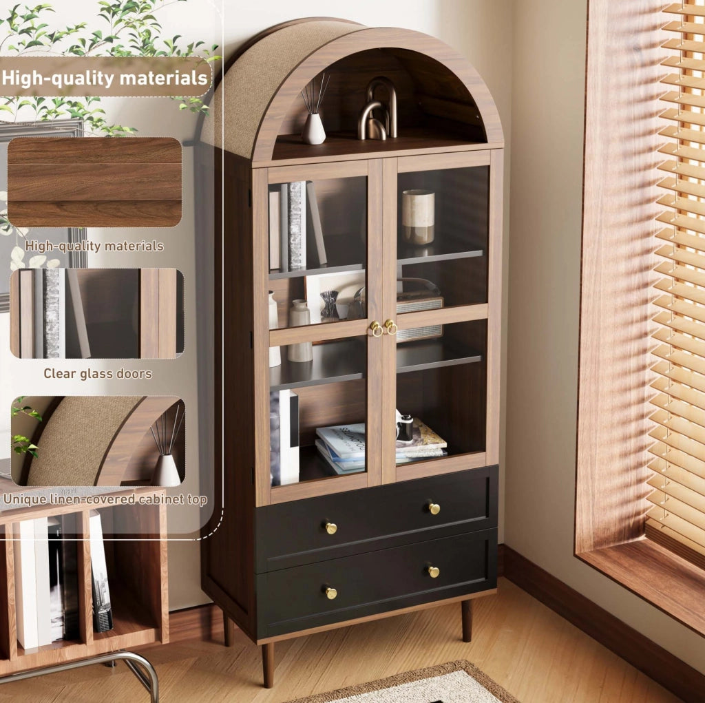 Sideboard contenitore con ripiani regolabili 70x38x165 cm in MDF e vetro; finitura noce