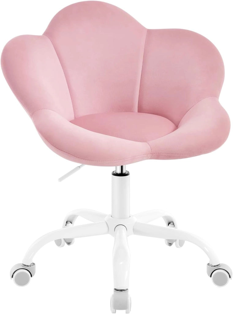 Sedia da Scrivania per Bambini, Sedia Ufficio Ergonomica Girevole e Regolabile in Altezza con Rotelle, Seduta a Forma di Fiore per Studio, Camera da Letto, Velluto, Rosa Pastello