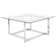 Tavolino da caffè con struttura in metallo argento piano quadrato in vetro design geometrico glam
