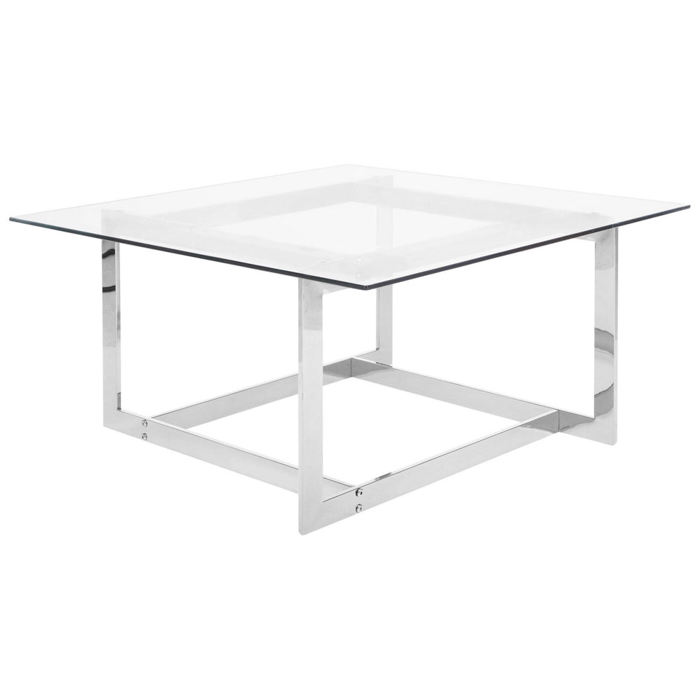Tavolino da caffè con struttura in metallo argento piano quadrato in vetro design geometrico glam
