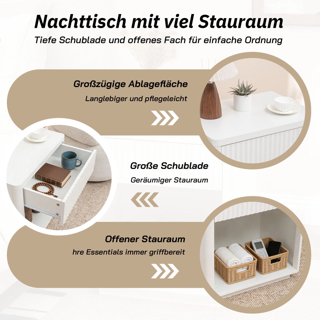Comodino con 1 cassetto e 1 vano aperto design a onde per camera da letto in MDF bianco 63,5 × 38 × 46,5 cm