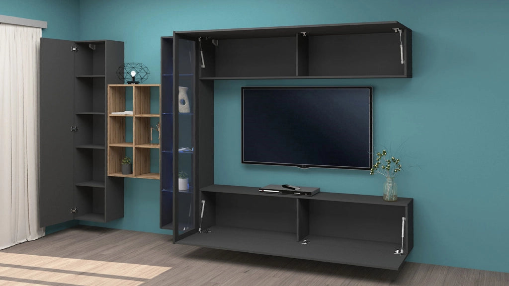 Parete Attrezzata Soggiorno 340x30x180 cm Maruska n°14 Grigio Antracite Opaco/Rovere Wotan