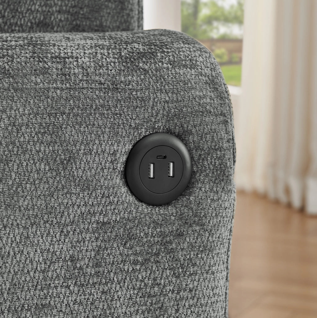 Divano relax a 2 posti con USB; tasche laterali e portabicchieri; 220x100x89 cm; grigio