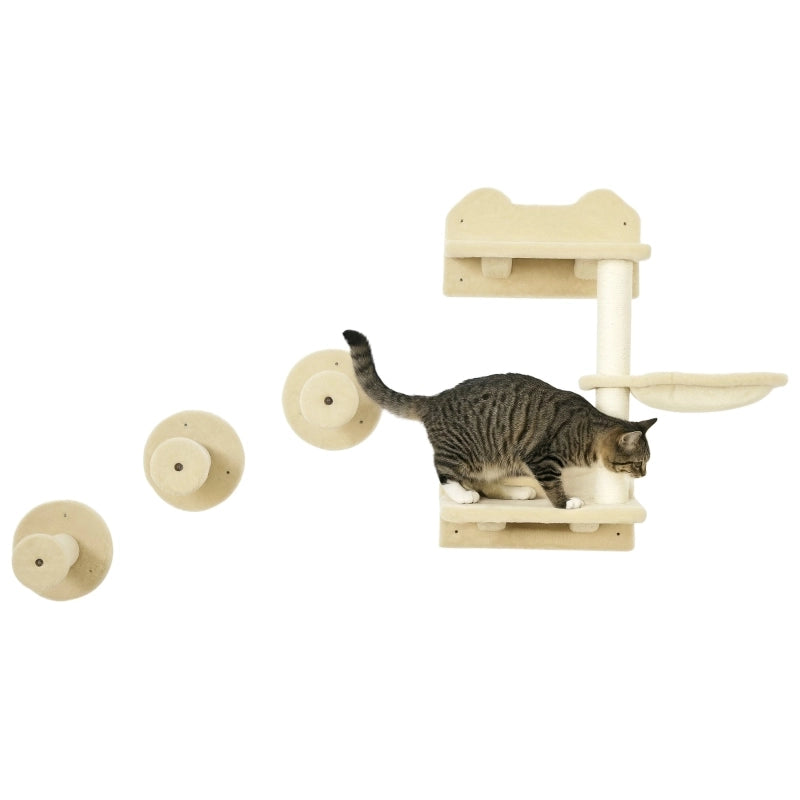 Set da parete per gatti 4 pezzi con tiragraffi, amaca e piattaforma, colore beige