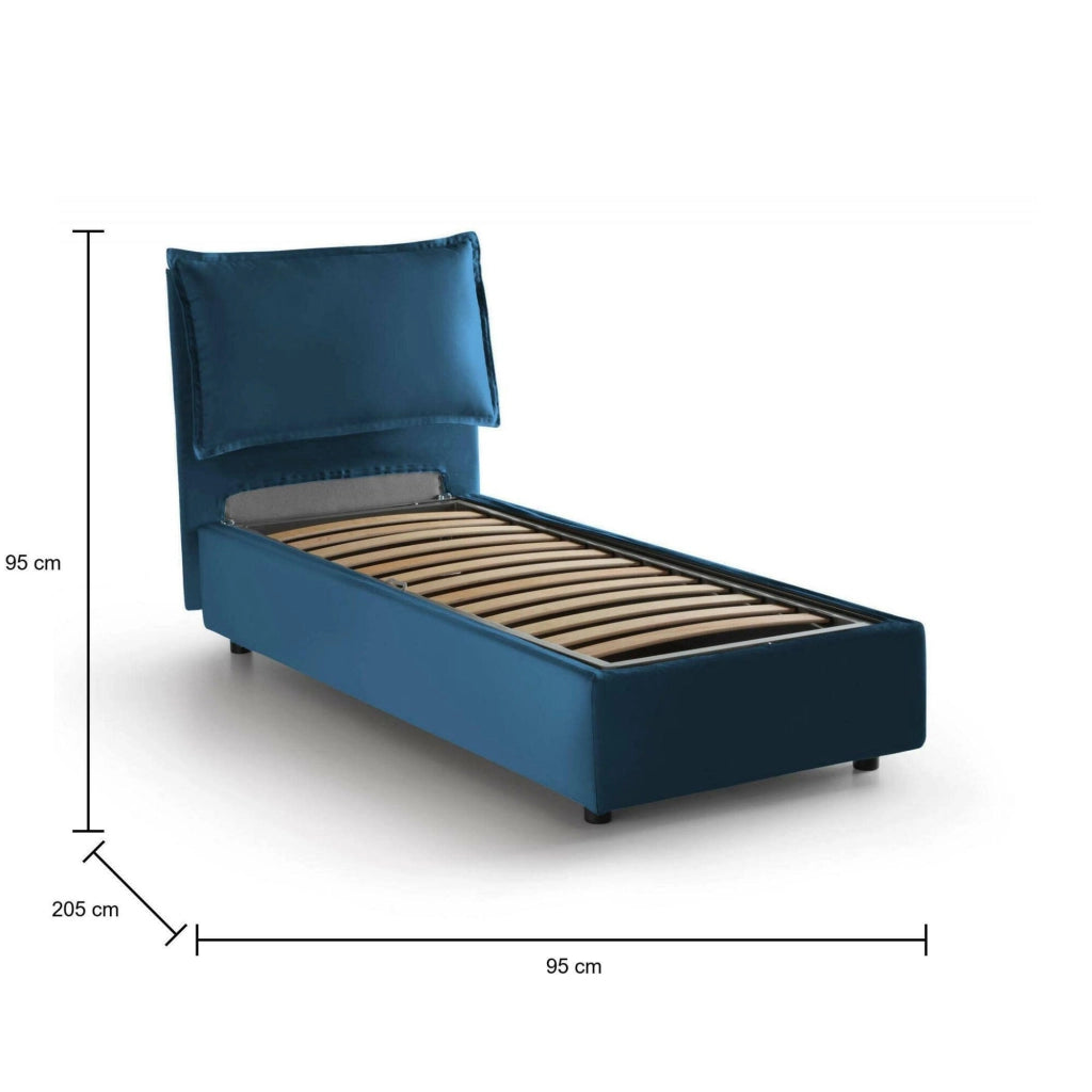 Letto singolo Aphrodite, Letto contenitore con rivestimento in tessuto, Made in Italy, Apertura laterale, adatto per materasso cm 80x190, Blu