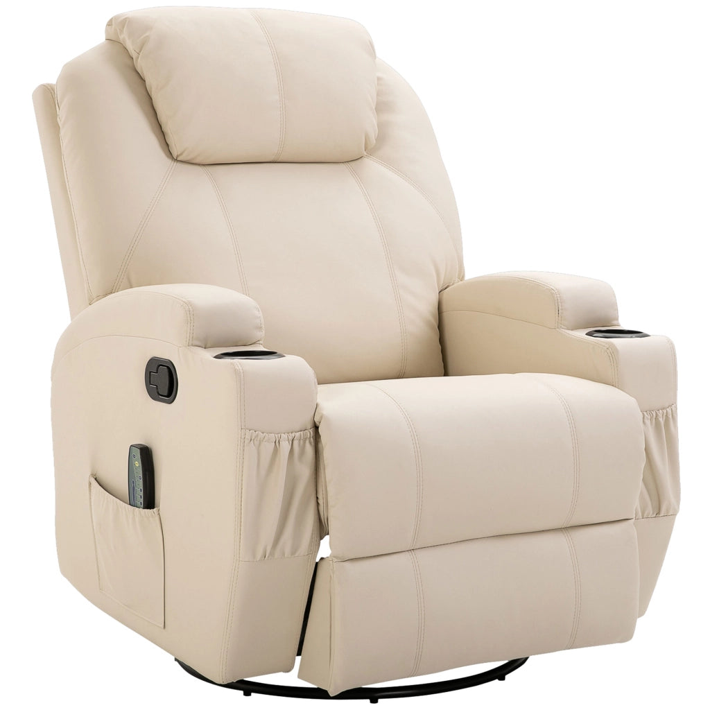 Poltrona relax massaggiante girevole con poggiapiedi, telecomando, tasche laterali, ecopelle, bianco crema