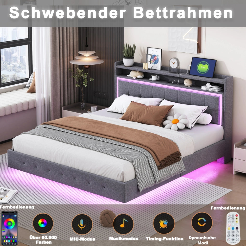 Letto imbottito 140x200 con USB e luci LED; piedi nascosti; grigio