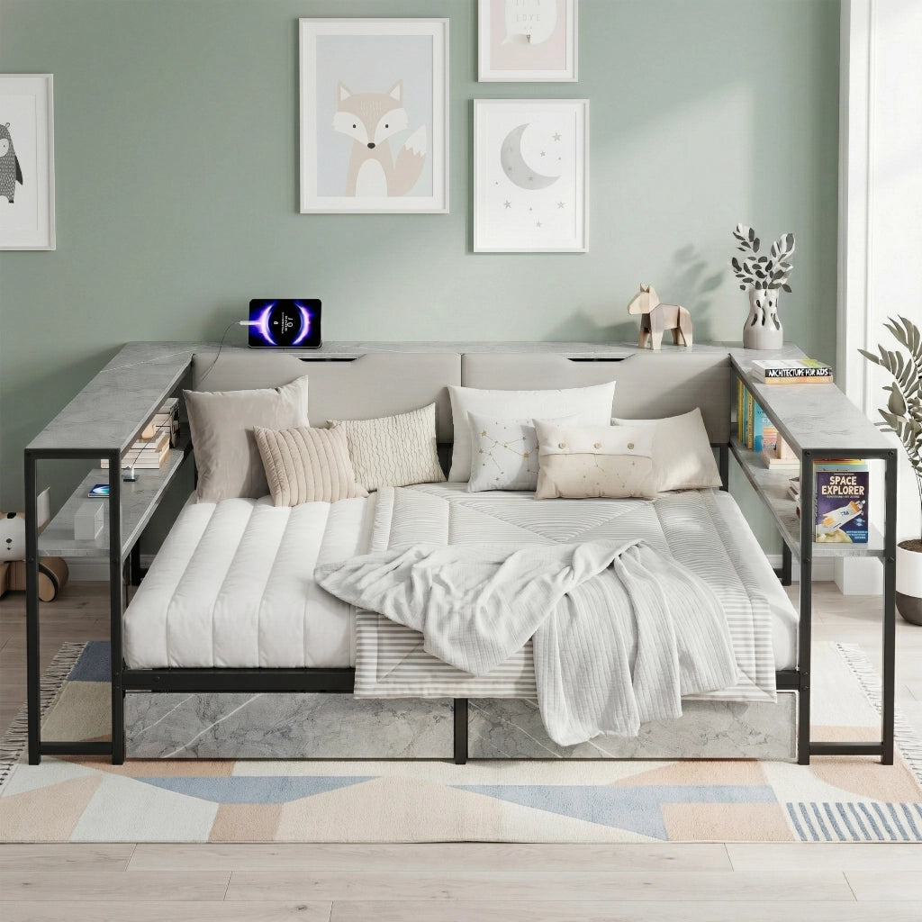 Letto Imbottito con 2 Cassetti e Rete a Doghe in Metallo ¨C MINIMAL ¨C 90x200, Grigio Cemento