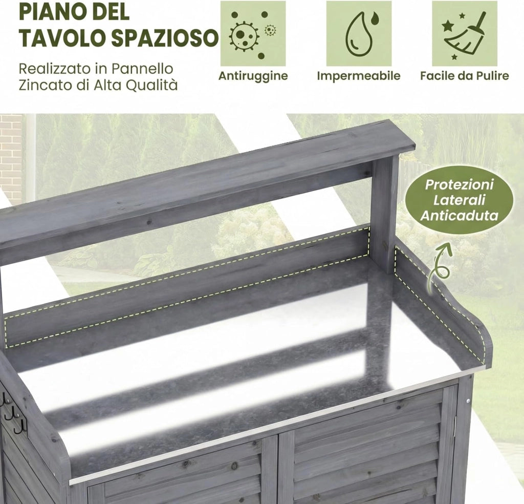 Armadietto da Esterno in Legno a 2 Livelli con Piano di Lavoro in Metallo Zincato, 3 Ganci Appendiabiti, Ripiani Rimovibili e Ante a Doghe, per Giardino, Balcone e Cortile (Grigio)