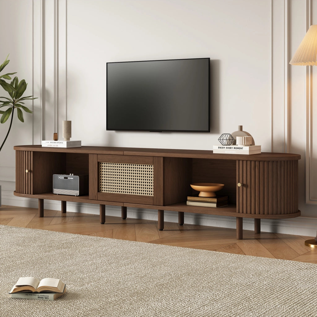 Mobile TV ovale in MDF con finitura noce scuro e dettaglio effetto rattan, 180 cm, 30 kg