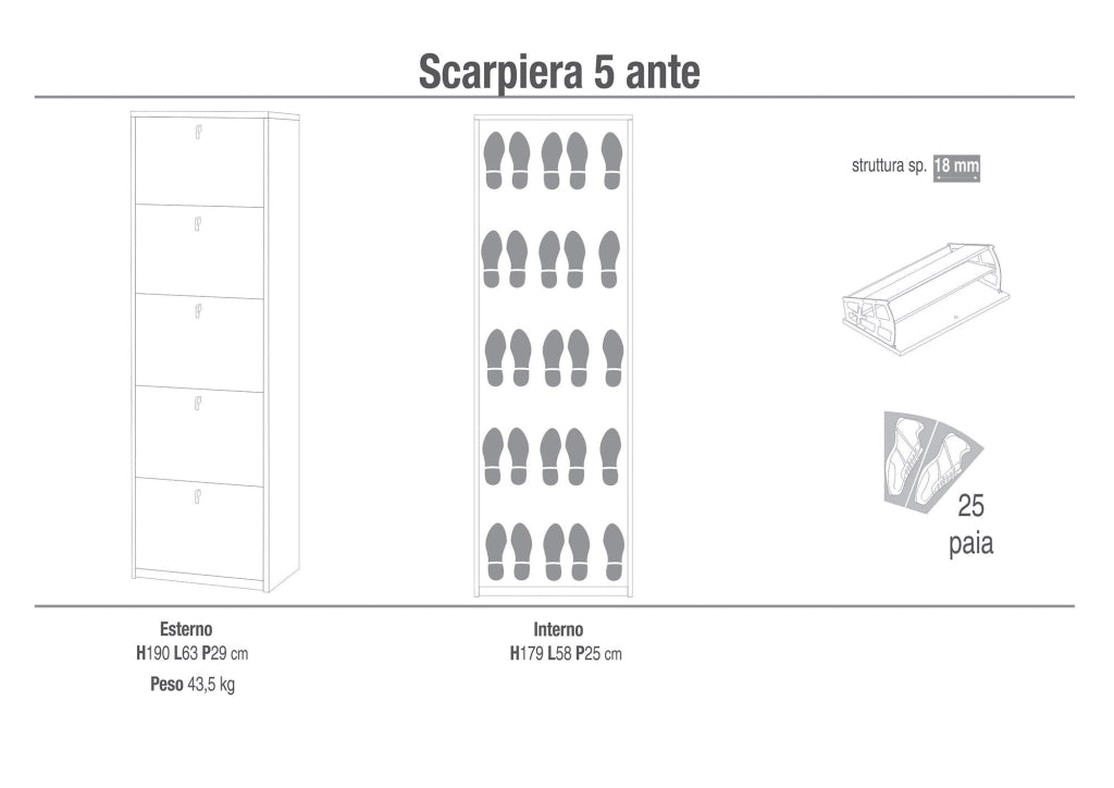 Scarpiera 5 Ante 63x190x29 cm Rovere Naturale