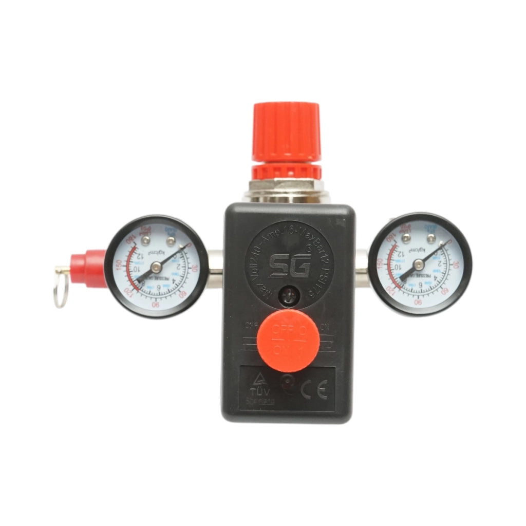 Pressostato per compressore d’aria 220V, con regolatore e 2 manometri fino a 12 bar.