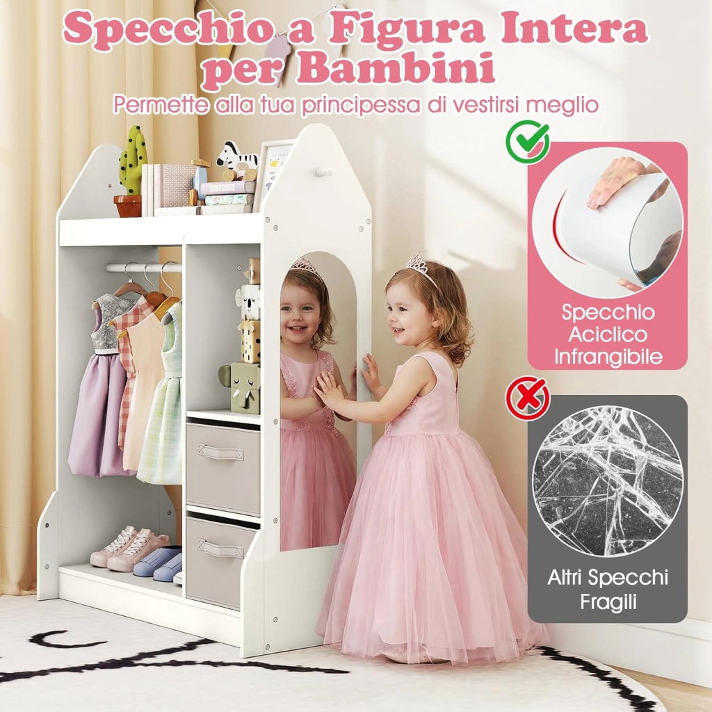 Guardaroba per Bambini, Armadio Gioco con Specchio Appendiabiti, Cassette in Tessuto Pieghevoli, Organizer per Stanza e Camera da Letto, 81 x 38 x 107 cm (Bianco)