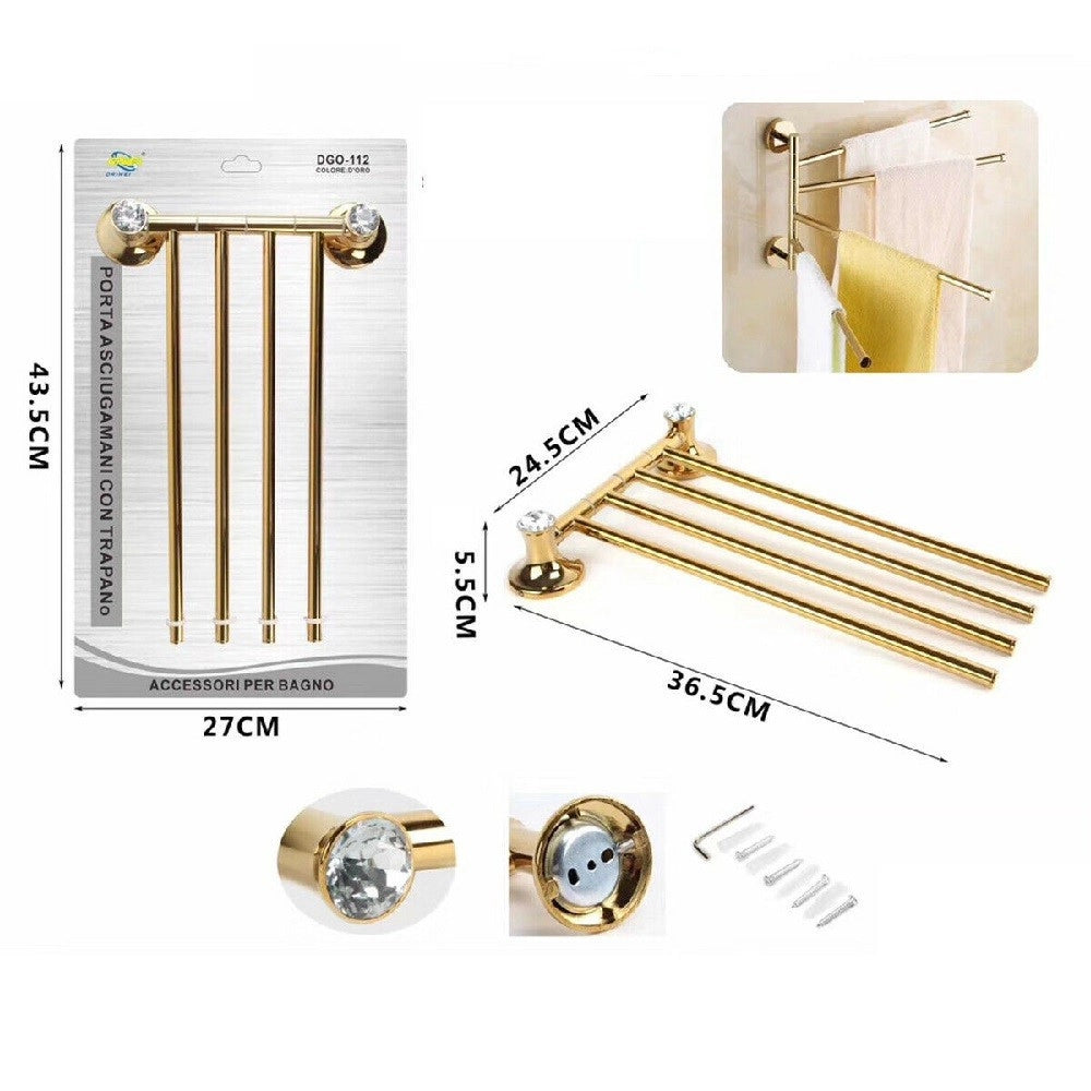 Trade Shop - Porta Asciugamani 4 Aste Supporto Per Bagno Da Muro Casa Dorato Oro Dgo-112 -