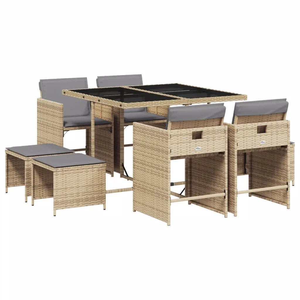Set Pranzo da Giardino 9 pz | Set Salotto da Giardino con Cuscini Beige Misto Polyrattan