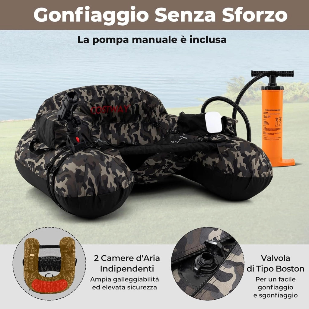 Barca Gonfiabile da Pesca, Belly Boat Portatile con Portacanna Regolabile, Supporto per Ami, Pagaia in Alluminio, Pinne, Pompa e Kit di Riparazione, Portata 150 kg