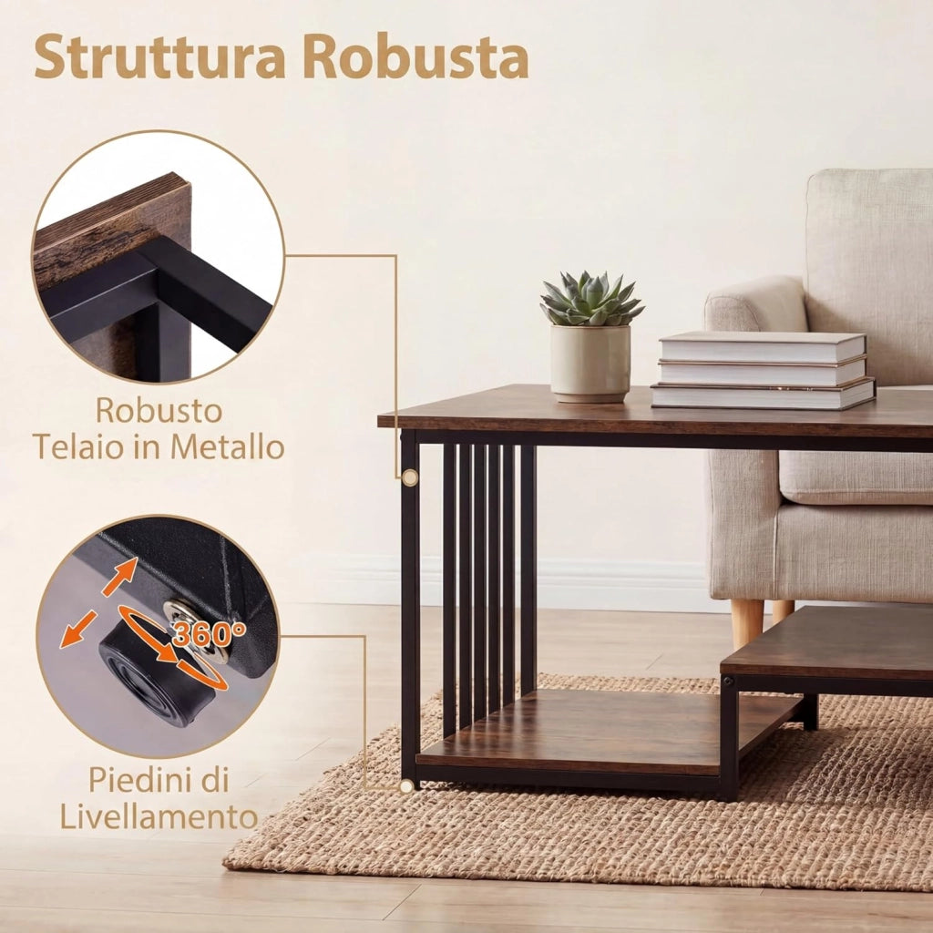 Tavolino Salotto Rettangolare, Tavolino da Salotto a 2 Livelli con Ripiano e Mensola Aperta, Gambe in Metallo Solido, Mobile Complementare per Salotto, Casa, Ufficio, 110 X 60 X 45 CM (Marrone)