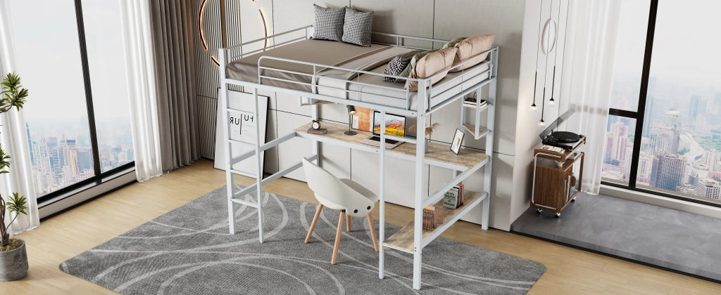 DESMIU Letto a soppalco 90 × 200 cm 1 posto con scrivania, 4 mensole e libreria, senza materasso, in metallo, bianco