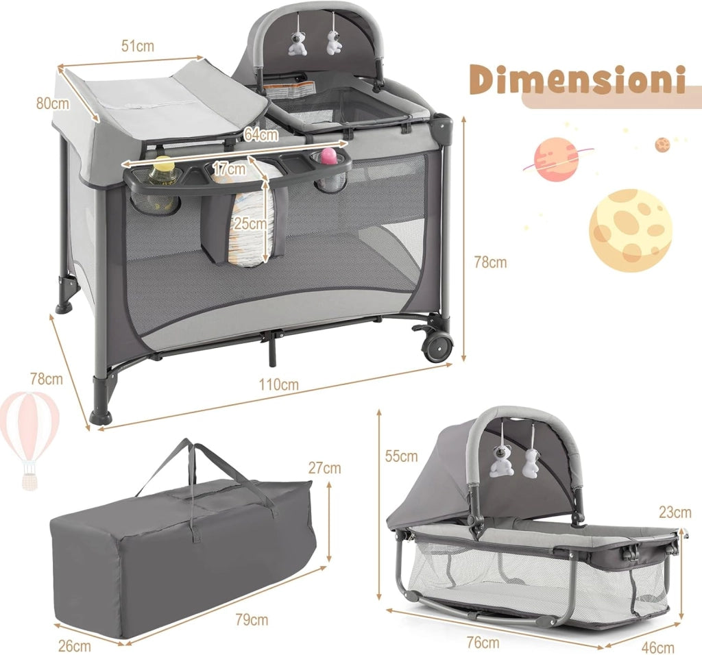 Lettino da Campeggio con Materasso, Lettino Pieghevole per Bambini con Fasciatoio, Culla da Viaggio con Ruote, Giocattolo, Lettino Bambini Staccabile, per Bambini 0-36 Mesi (Grigio)