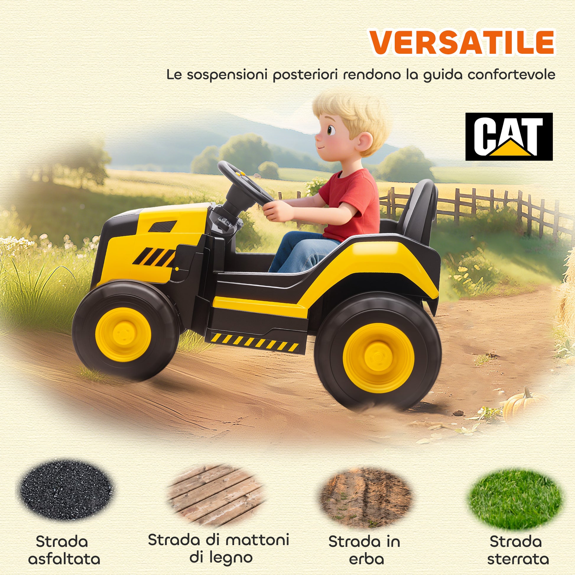 Trattore Elettrico per Bambini 3-6 Anni Marchio Ufficiale CAT 12V Guida Manuale e con Telecomando Giallo