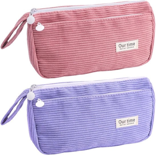 Set di 2 borselli in corduroy, grande borsello a doppia tasca con chiusura a zip e borsello estetico con grande capacità per ragazze, scuola, ufficio, viaggio, borselli rosa e viola