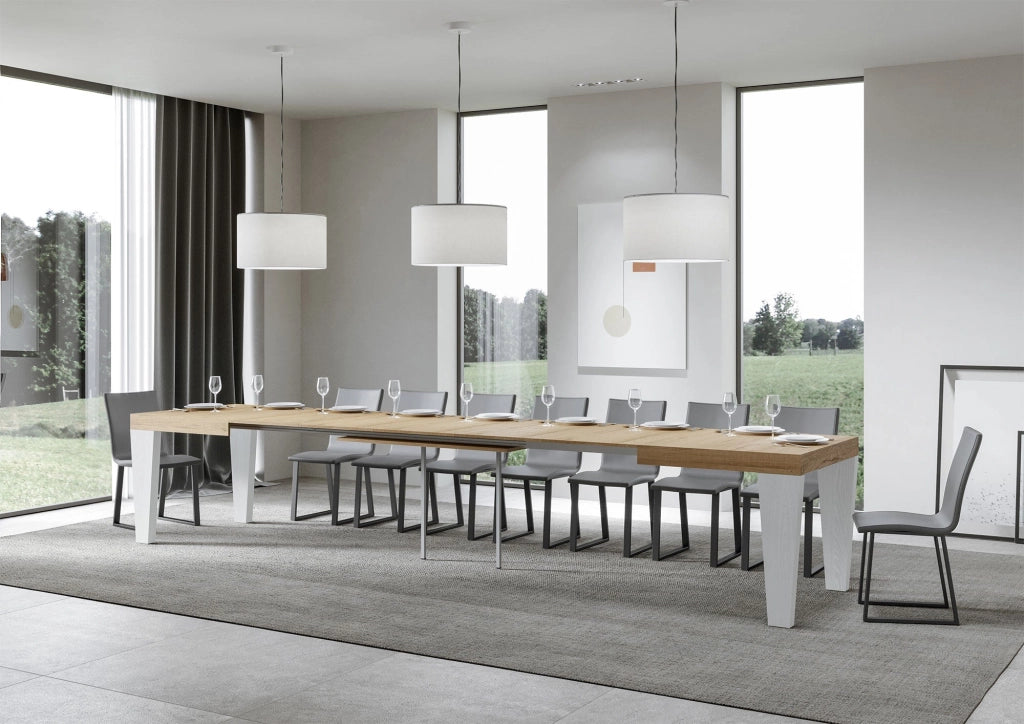 Tavolo Allungabile 130/390x90x77 cm Spimbo Mix  piano Quercia Natura gambe Bianco Frassino