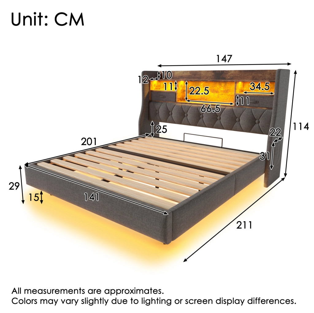 Letto 140x200 cm con LED; porta USB C e testiera contenitore; lino grigio