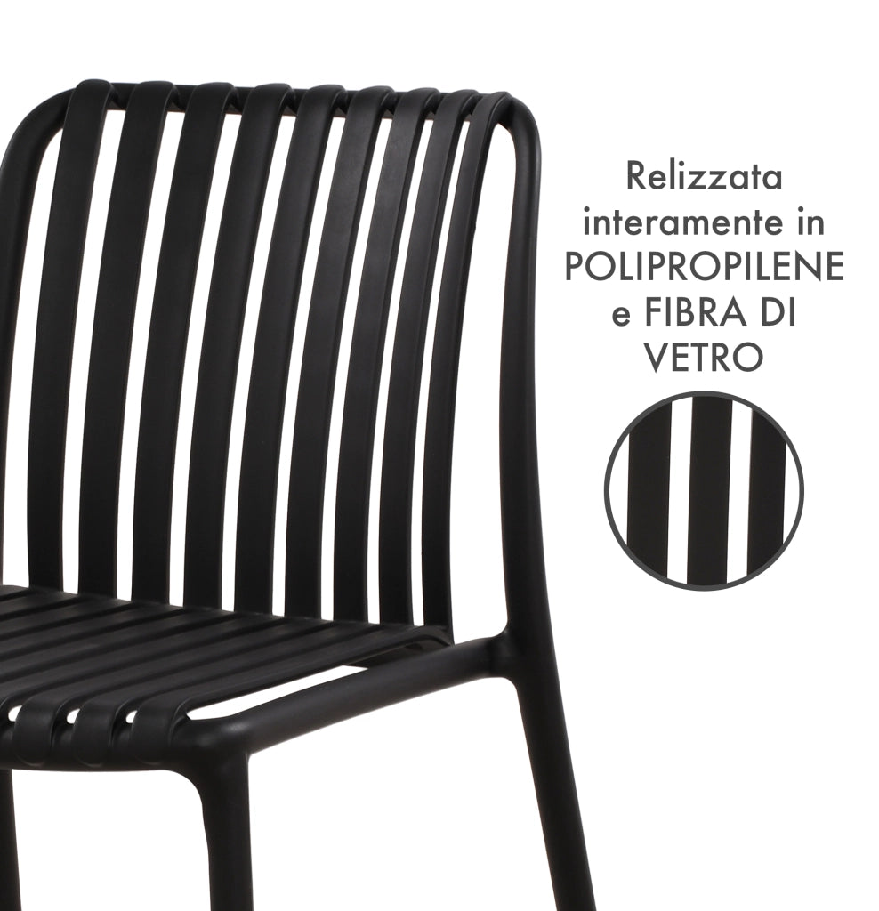Set 4 Sedie In Polipropilene e Fibra Di Vetro Sedia Cucina Trattamento Uv Antiscolorimento Giardino Interno Esterno Moderne Robuste Resistenti Seduta Terrazzo Soggiorno Bar Ristorante Impilabili Maya-Nero