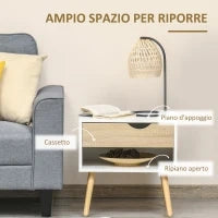 Set di 2 Comodini Moderni con Cassetto e Mensola, Base Rialzata e Gambe in Legno, 50x39x51cm, Bianco e Rovere