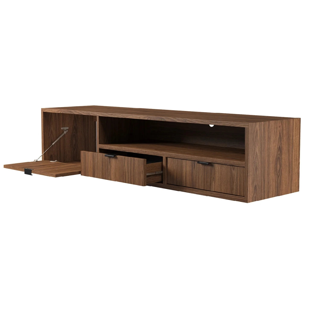 Mobile TV Sospeso Moderno Per Soggiorno Con 1 Anta A Ribalta 2 Cassetti Vano A Giorno Con Passacavo Struttura In Melaminico Design Contemporaneo 150 X 35 X 40 Cm Noce