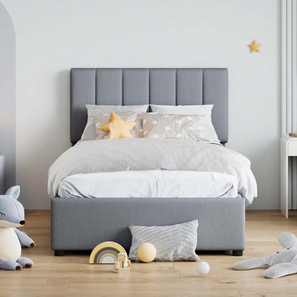 Letto per bambini imbottito 90x200 cm con contenitore idraulico; in tessuto effetto lino grigio