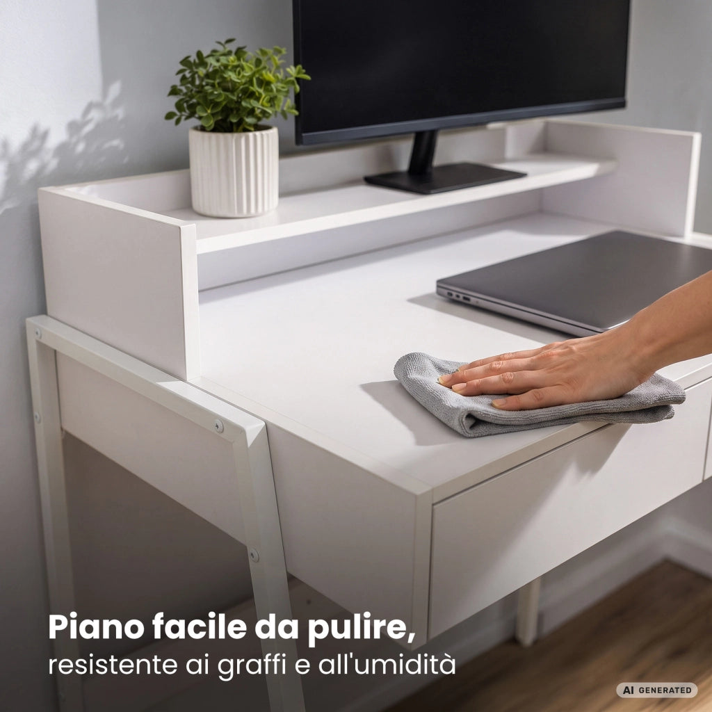 Scrivania industriale per computer Bianca FLUX 78 cm 2 cassetti 1 ripiano gambe bianche