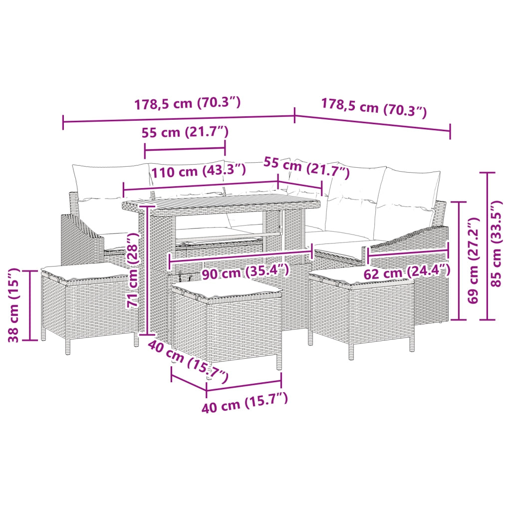 Set Divano da Giardino  9 Pezzi con Cuscini Grigio Polyrattan Acacia